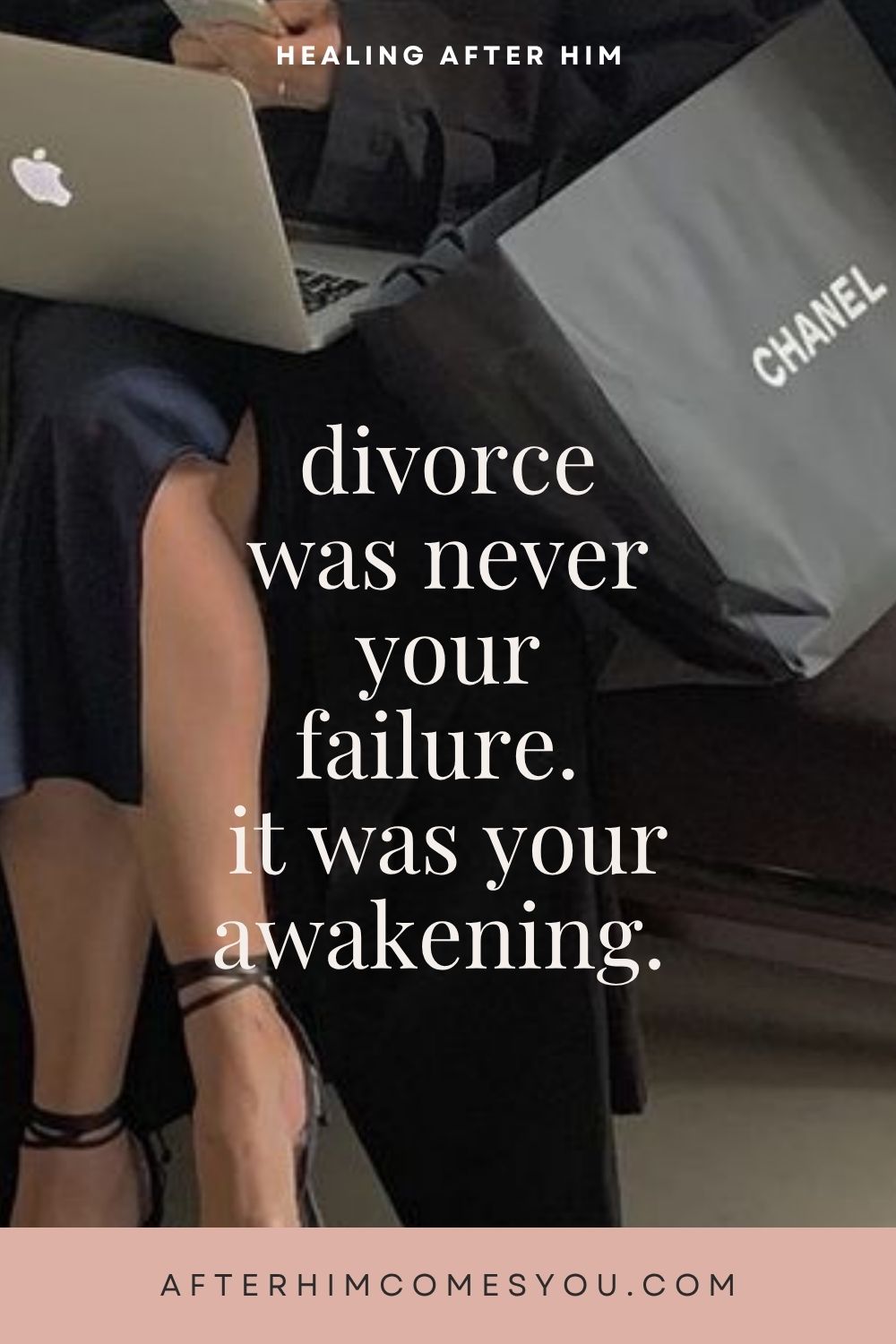 Divorce was never your failure. It was your awakening. A woman sits with a laptop on her lap beside a shopping bag.