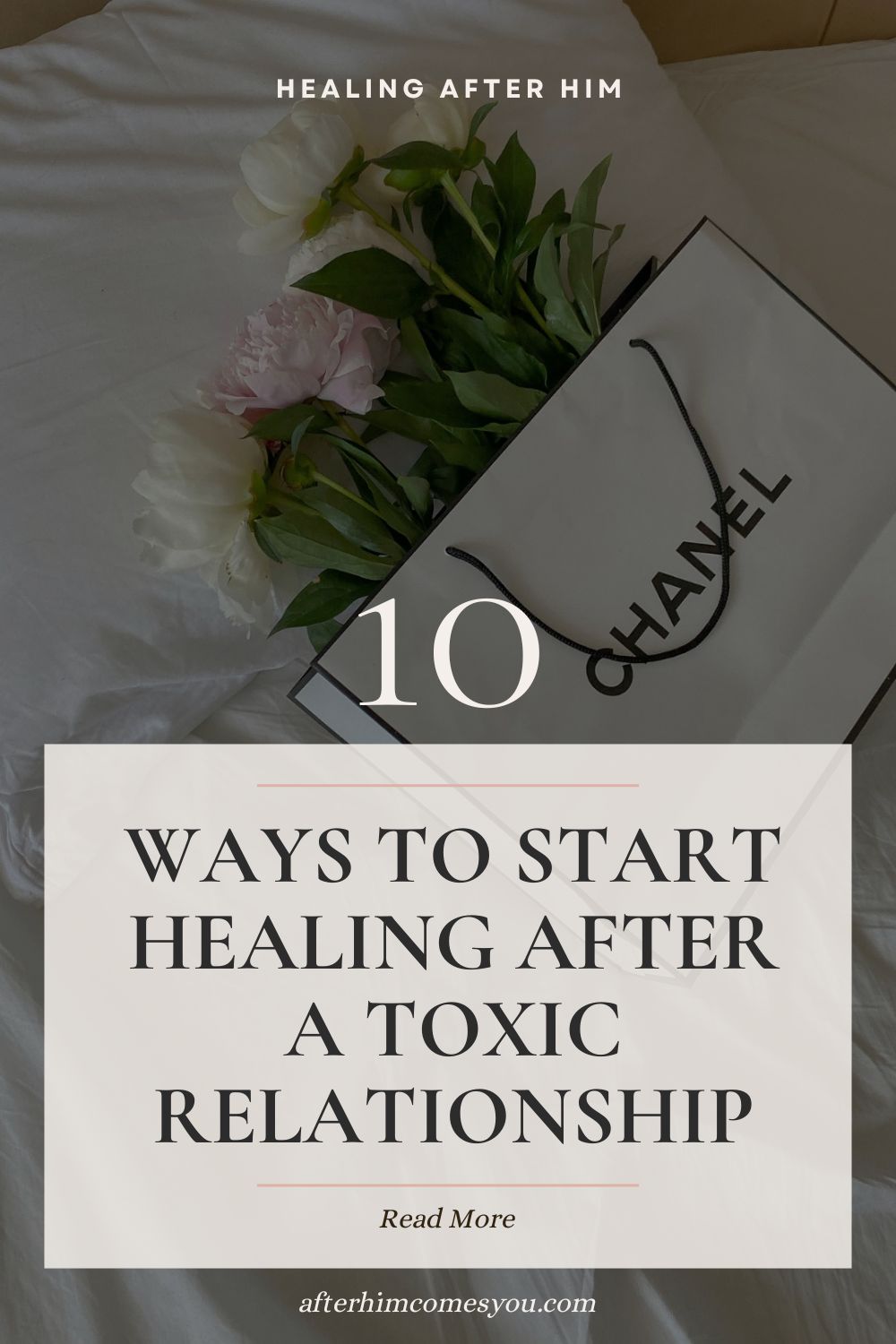 10 Ways to Start Healing After a Toxic Relationship. Peonies and a white shopping bag on a bed.