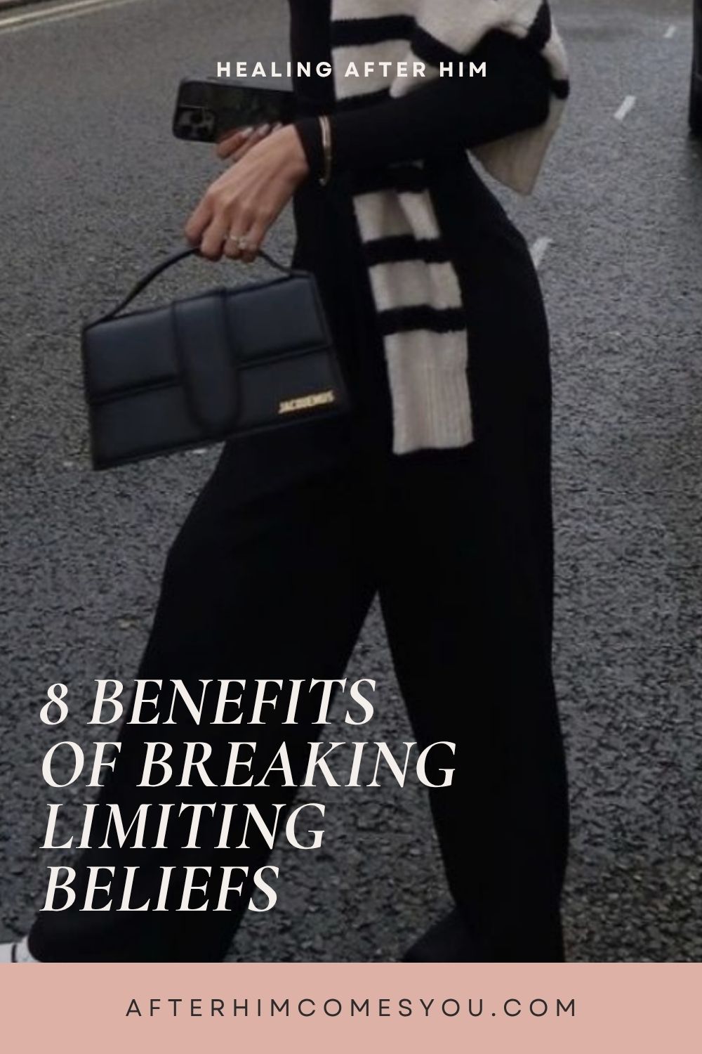 8 Benefits of Breaking Limiting Beliefs. A woman in black walks down a street carrying a black handbag.