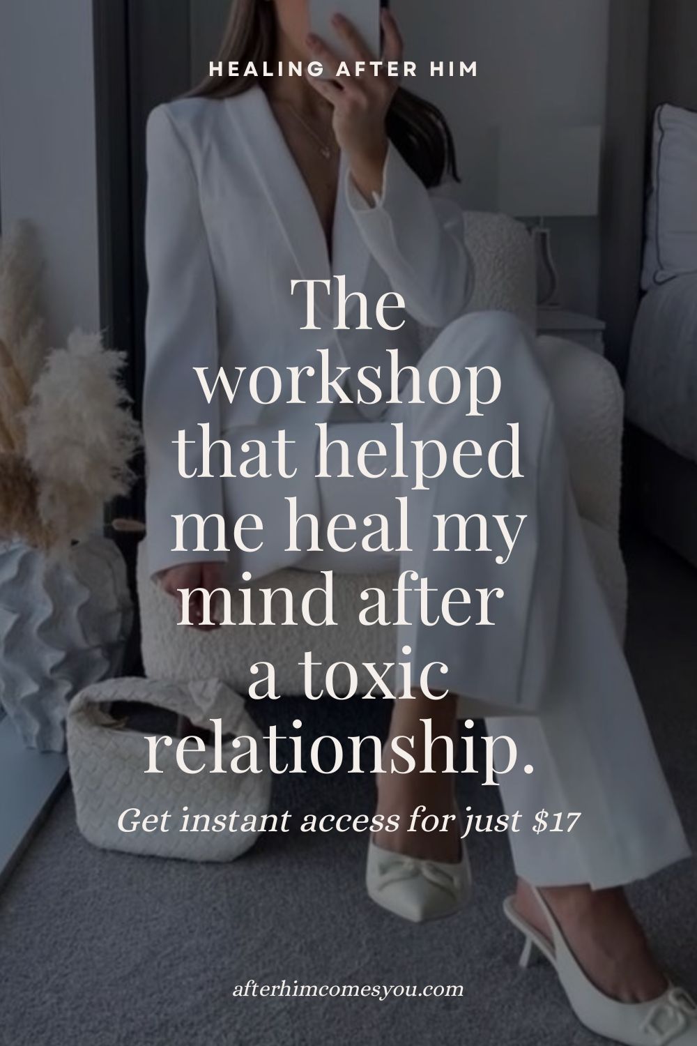 The workshop that helped me heal my mind after a toxic relationship. Get instant access for just $17. A woman in a white suit sits in a cream armchair.