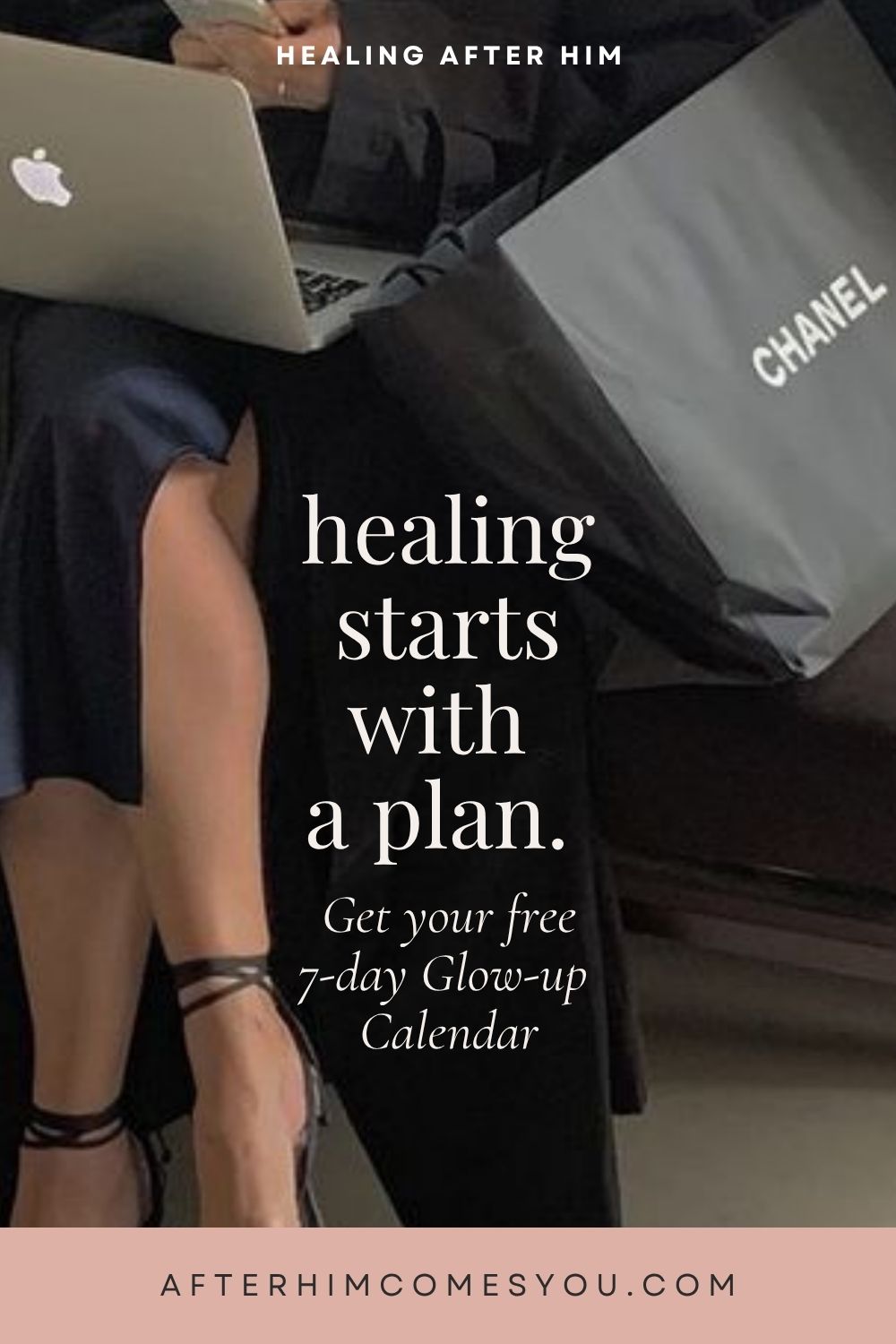 Healing starts with a plan. Get your free 7-day Glow-up Calendar. A woman sits with a laptop on her lap beside a shopping bag.
