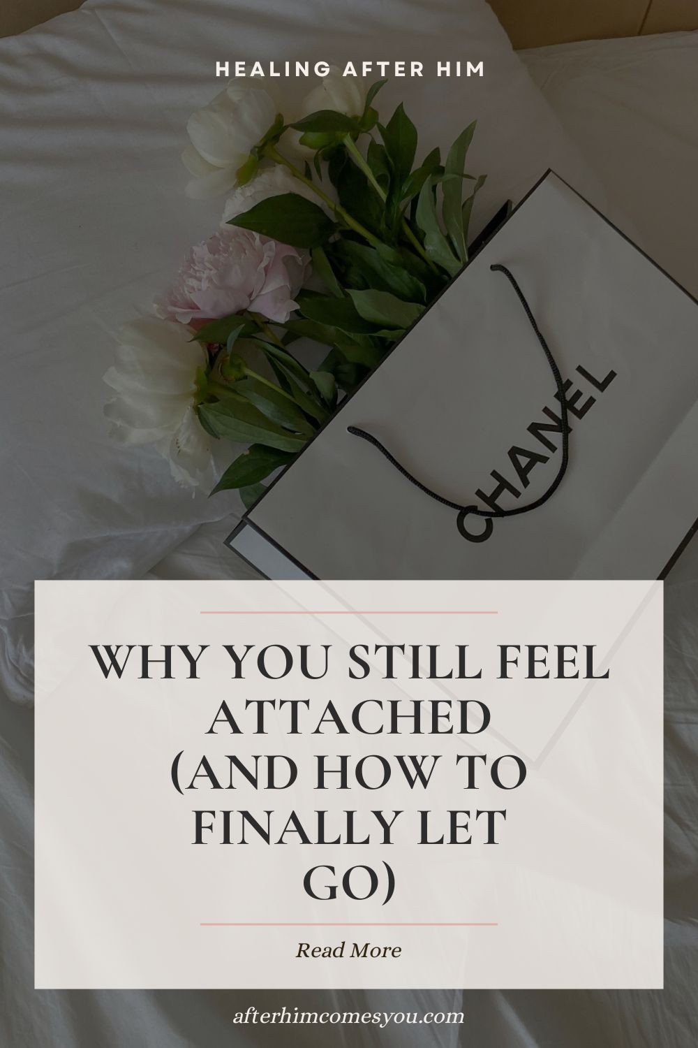 Why You Still Feel Attached (and How to Finally Let Go). Peonies and a white shopping bag on a bed.