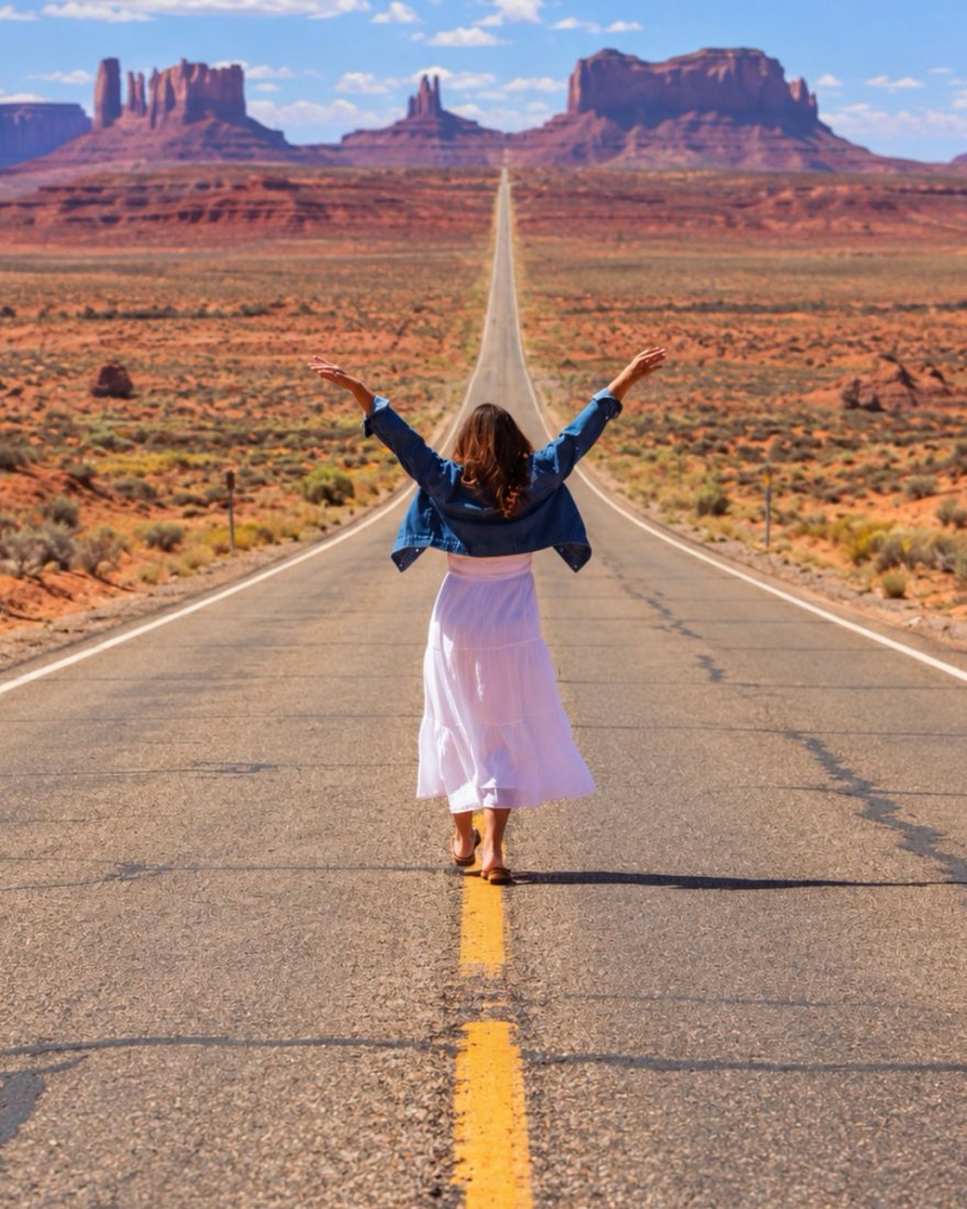 Tiffany walking down the middle of an open desert road toward red rock buttes, arms raised to the sky